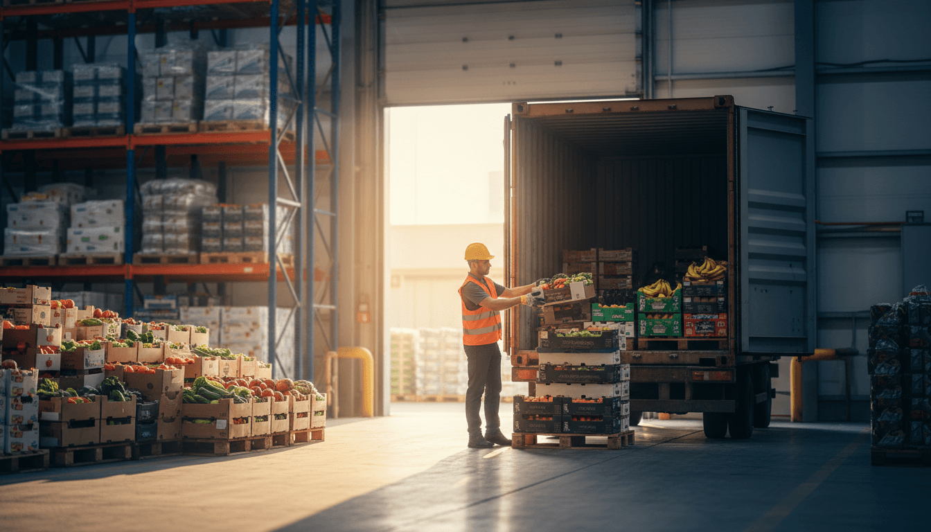 Warehouse worker loading fresh produce into shipping container for export