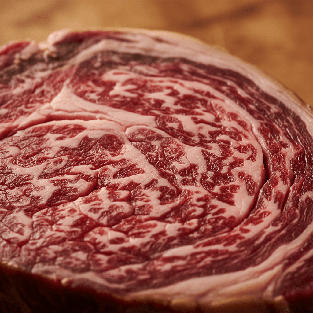 Extreme close-up of premium beef marbling showing white fat veining in deep red muscle tissue