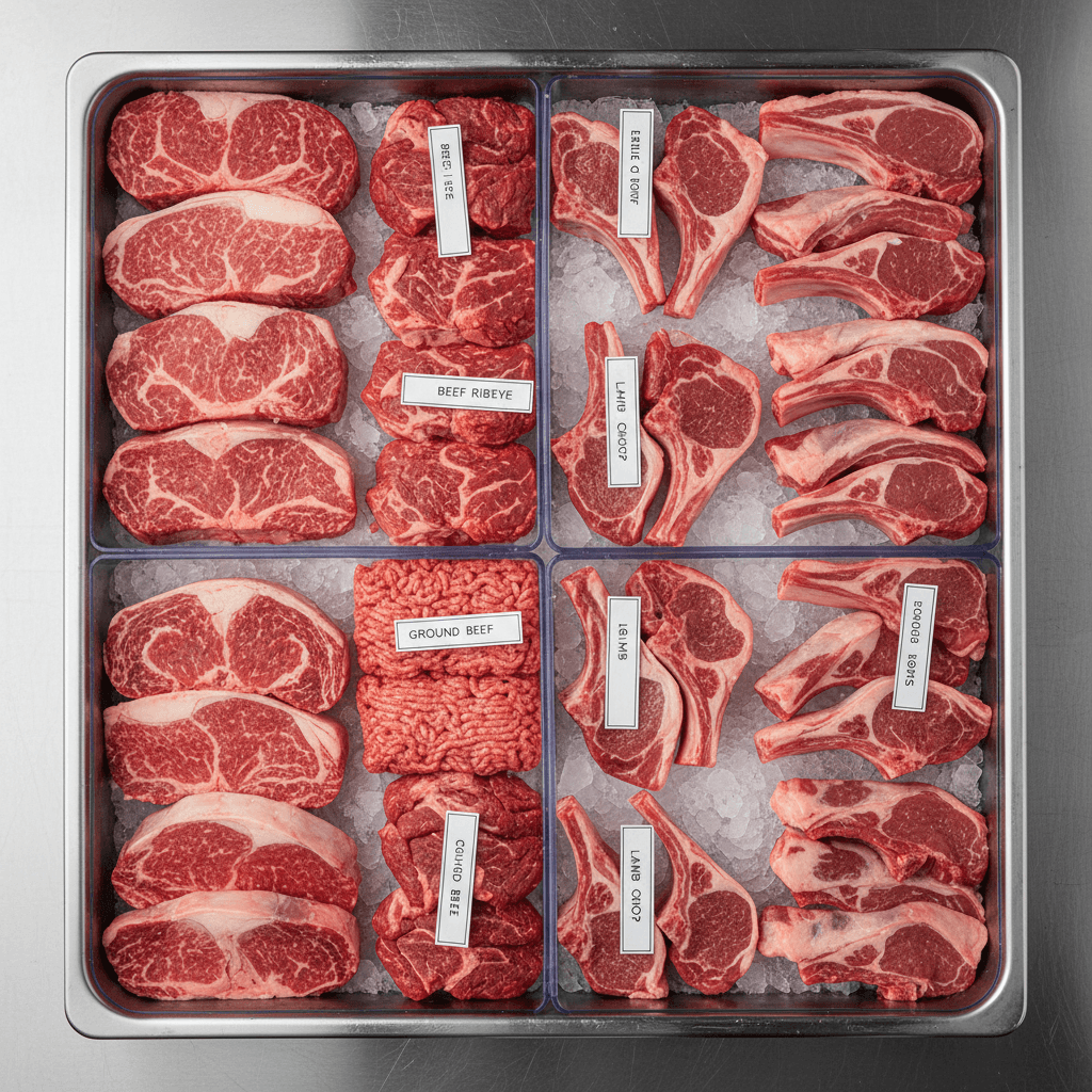 Overhead view of premium beef and mutton cuts organized on stainless steel tray with ice for wholesale distribution